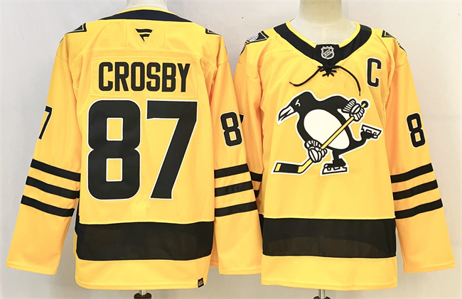 Men's Pittsburgh Penguins #87 Sidney Crosby Gold 2025/26 With C Patch Alternate Stitched Hockey Jersey